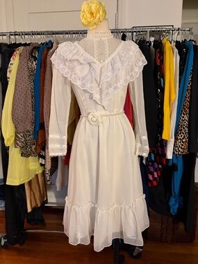 White Lace-Trim Long Sleeve Midi Dress